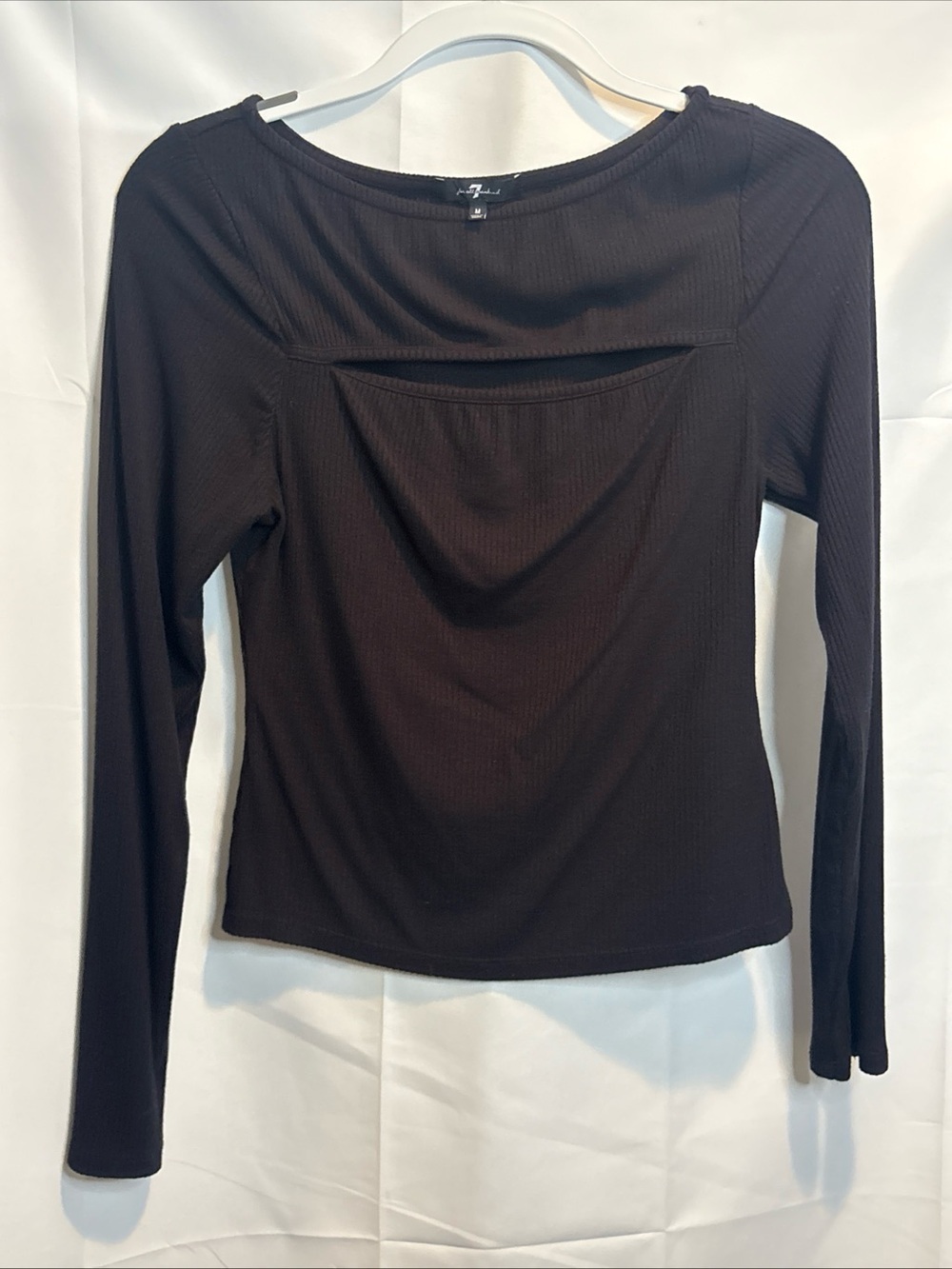 7 For All Mankind Black Ribbed Square-Neck Long Sleeve Top